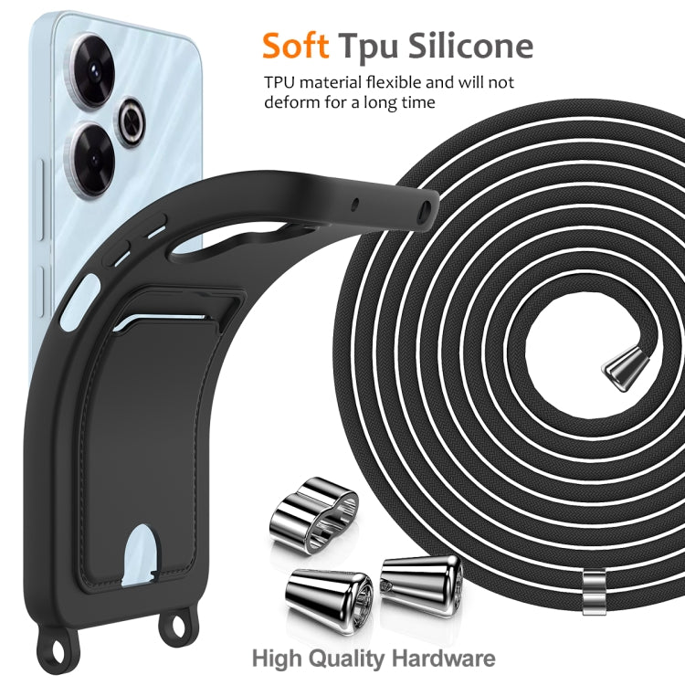 For Redmi 13 4G / 5G / Note 13R 5G Integrated Card Bag Solid Color Liquid Silicone Phone Case with Lanyard