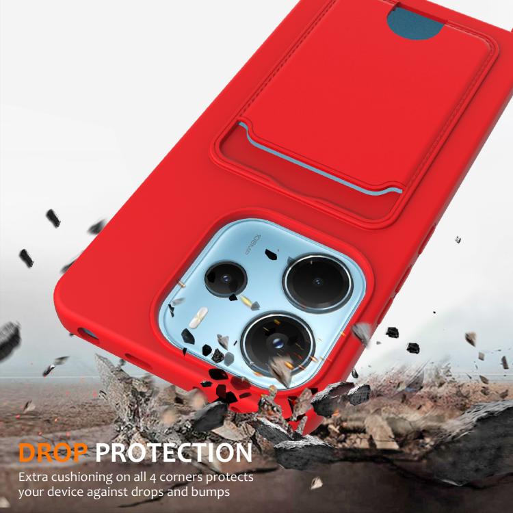 For Redmi Note 14 4G 163.25mm Integrated Card Bag Solid Color Liquid Silicone Phone Case with Lanyard