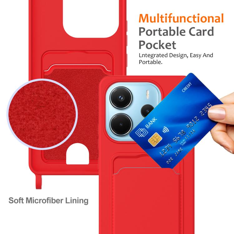 For Redmi Note 14 4G 163.25mm Integrated Card Bag Solid Color Liquid Silicone Phone Case with Lanyard
