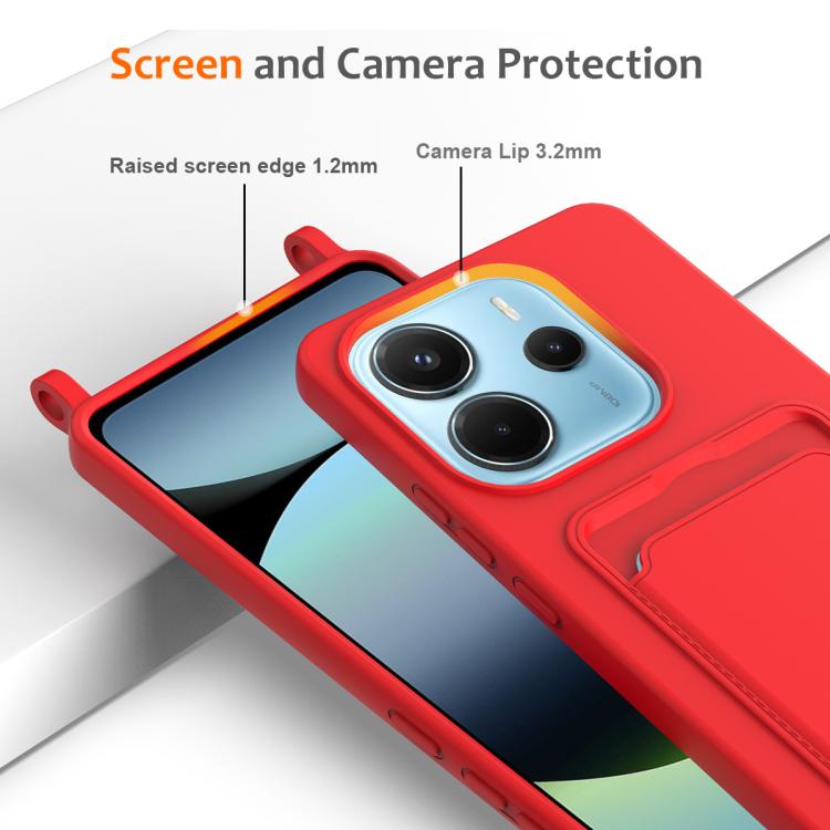 For Redmi Note 14 4G 163.25mm Integrated Card Bag Solid Color Liquid Silicone Phone Case with Lanyard