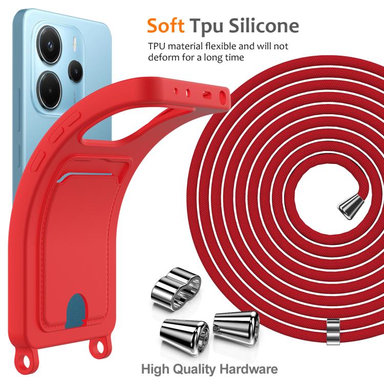 For Redmi Note 14 4G 163.25mm Integrated Card Bag Solid Color Liquid Silicone Phone Case with Lanyard