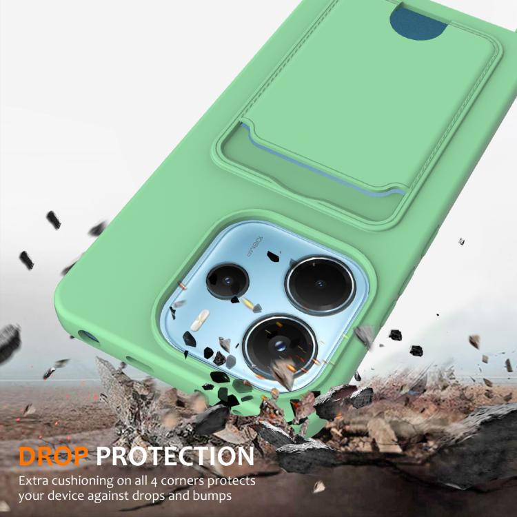 For Redmi Note 14 4G 163.25mm Integrated Card Bag Solid Color Liquid Silicone Phone Case with Lanyard