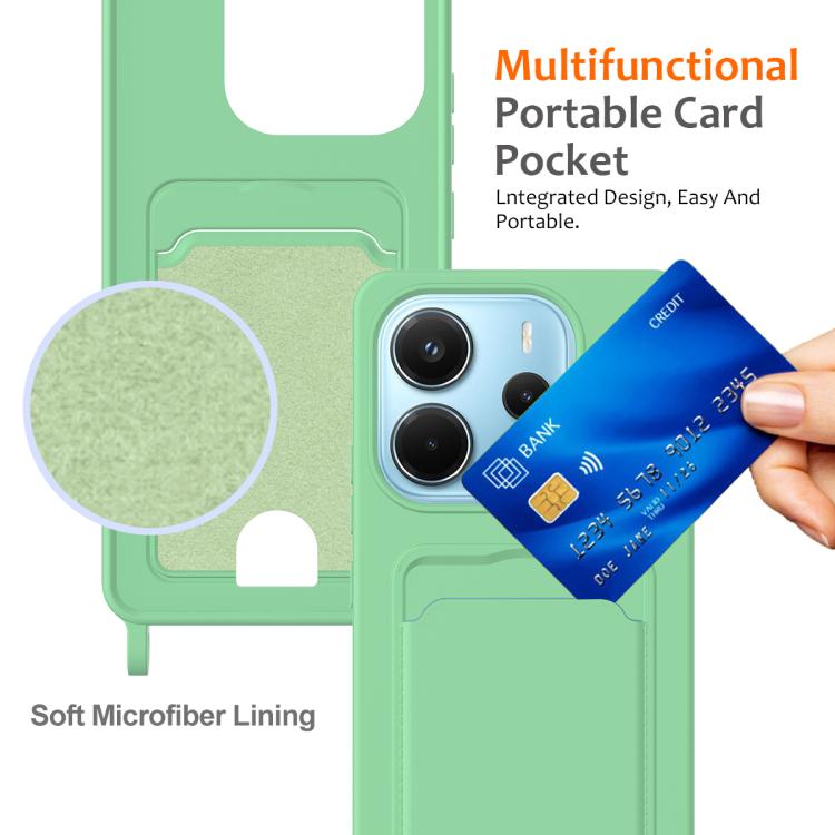 For Redmi Note 14 4G 163.25mm Integrated Card Bag Solid Color Liquid Silicone Phone Case with Lanyard