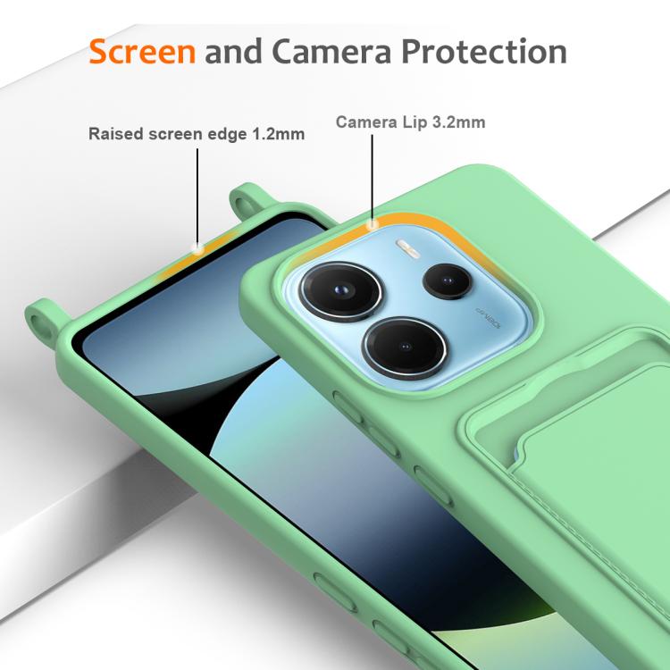 For Redmi Note 14 4G 163.25mm Integrated Card Bag Solid Color Liquid Silicone Phone Case with Lanyard