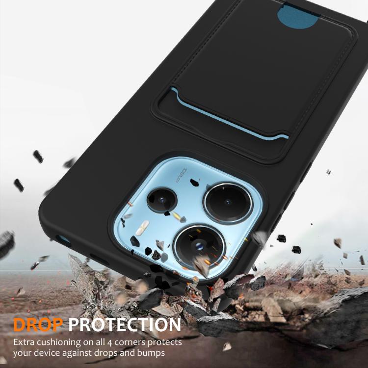 For Redmi Note 14 4G 163.25mm Integrated Card Bag Solid Color Liquid Silicone Phone Case with Lanyard