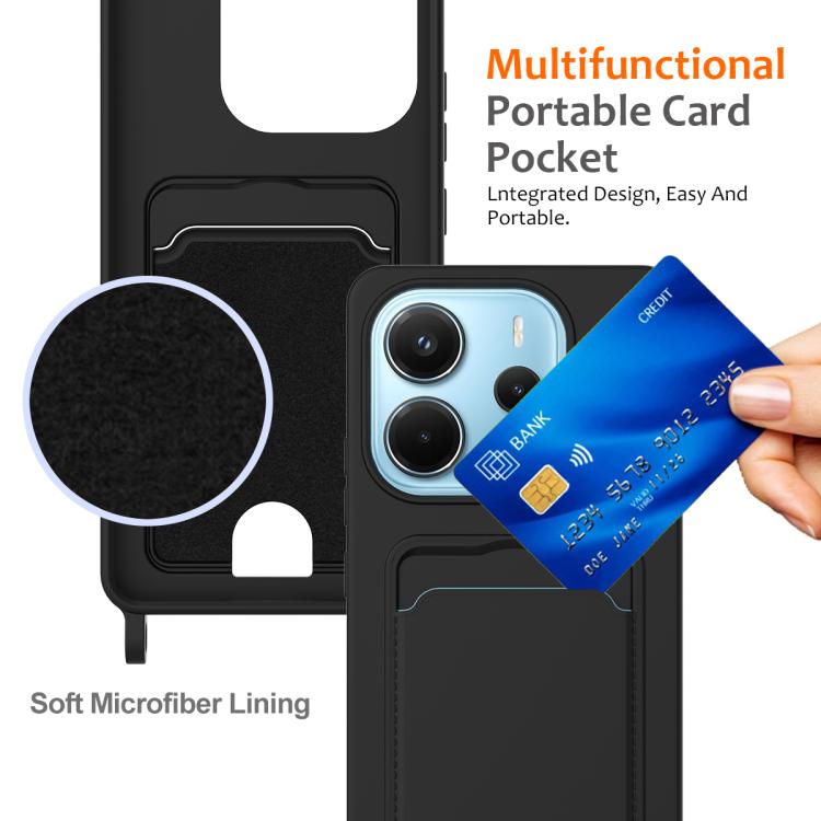 For Redmi Note 14 4G 163.25mm Integrated Card Bag Solid Color Liquid Silicone Phone Case with Lanyard
