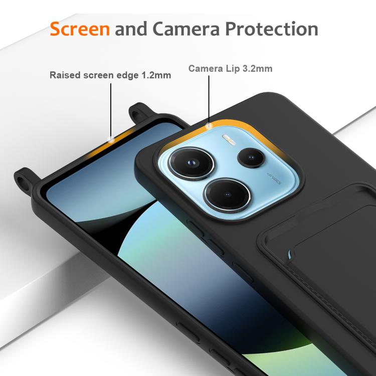 For Redmi Note 14 4G 163.25mm Integrated Card Bag Solid Color Liquid Silicone Phone Case with Lanyard