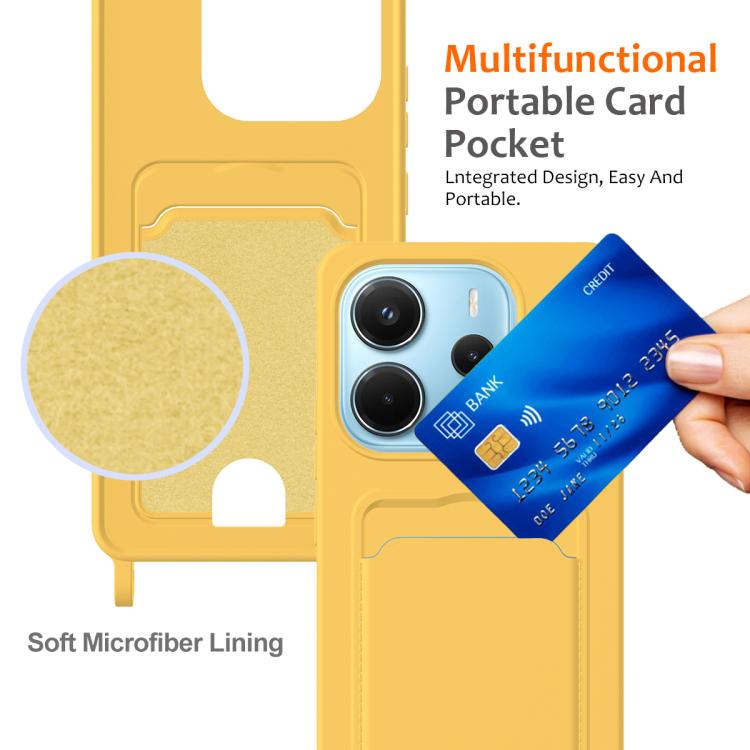 For Redmi Note 14 4G 163.25mm Integrated Card Bag Solid Color Liquid Silicone Phone Case with Lanyard