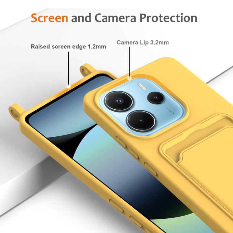 For Redmi Note 14 4G 163.25mm Integrated Card Bag Solid Color Liquid Silicone Phone Case with Lanyard