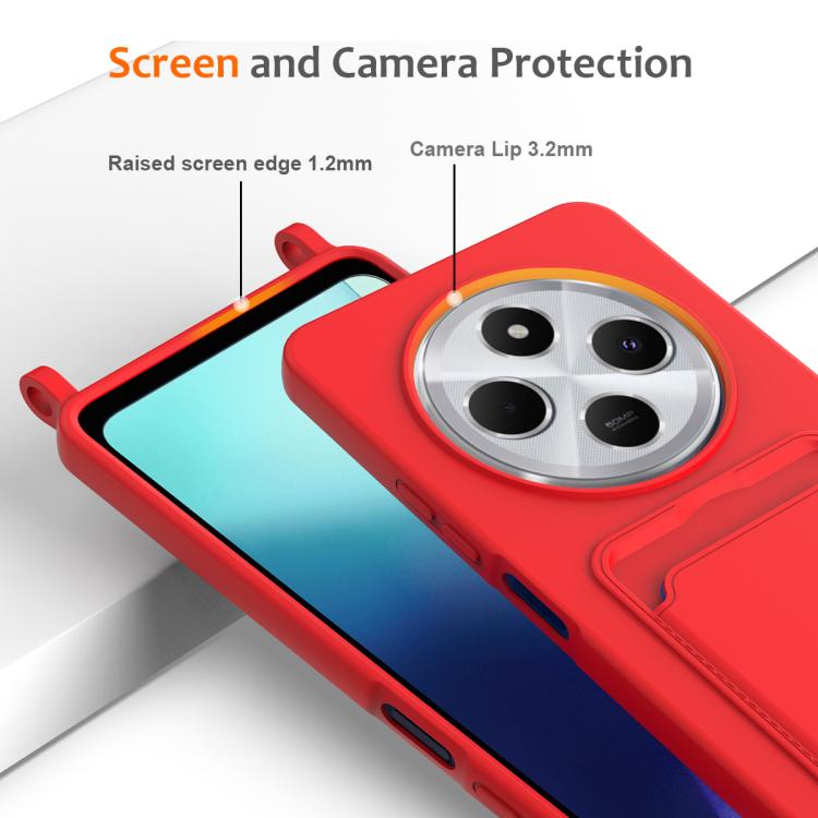 For Redmi 14C 4G / 14R 5G / A4 5G Integrated Card Bag Solid Color Liquid Silicone Phone Case with Lanyard