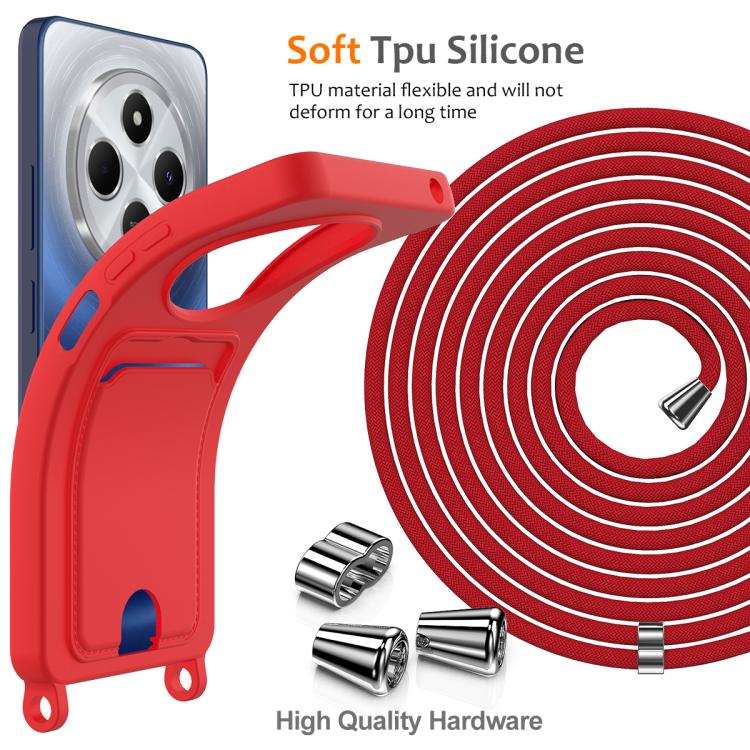 For Redmi 14C 4G / 14R 5G / A4 5G Integrated Card Bag Solid Color Liquid Silicone Phone Case with Lanyard