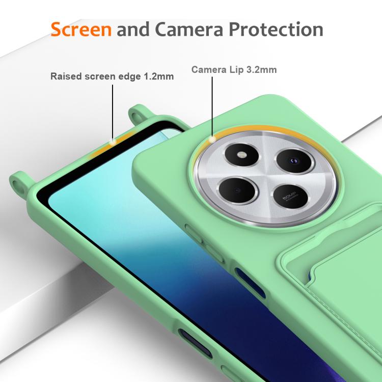 For Redmi 14C 4G / 14R 5G / A4 5G Integrated Card Bag Solid Color Liquid Silicone Phone Case with Lanyard