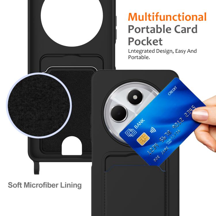 For Redmi 14C 4G / 14R 5G / A4 5G Integrated Card Bag Solid Color Liquid Silicone Phone Case with Lanyard