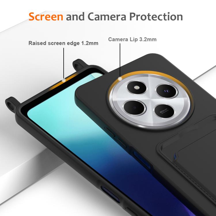 For Redmi 14C 4G / 14R 5G / A4 5G Integrated Card Bag Solid Color Liquid Silicone Phone Case with Lanyard