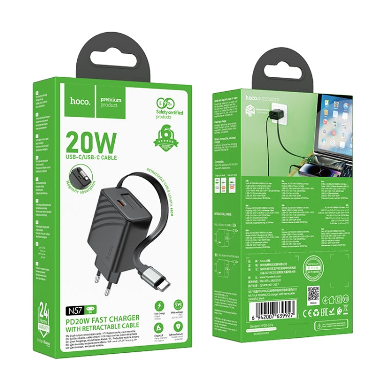 hoco N57 Full PD20W Type-C / USB-C Dual Ports Charger with Retractable Cable, Plug Type:EU Plug