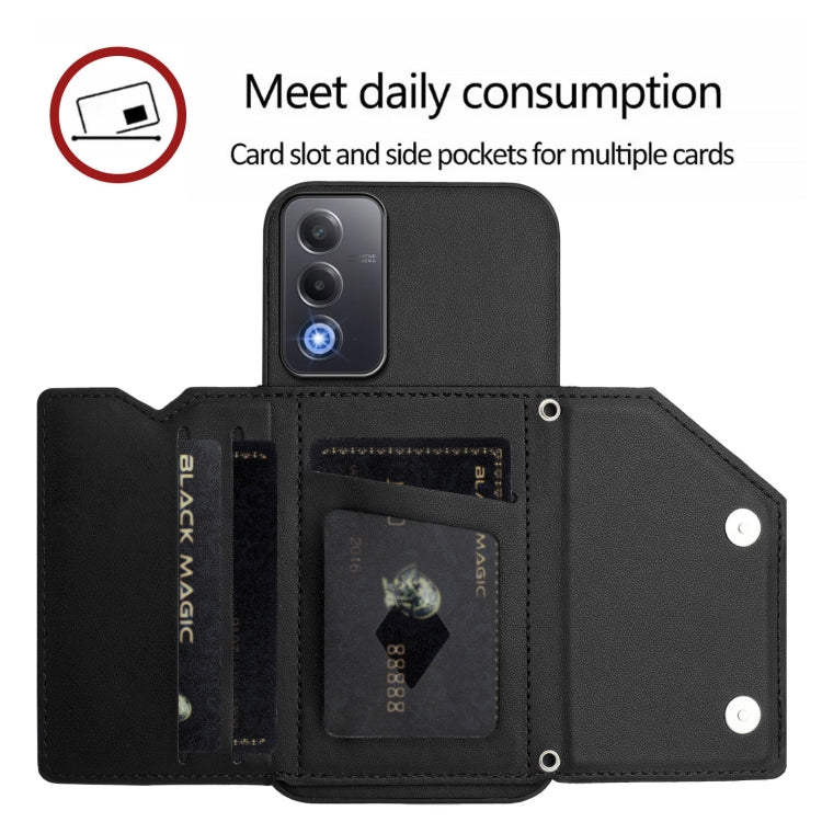 For OPPO A3 Pro Global Skin Feel Four Card Slots Phone Case with Wrist Strap