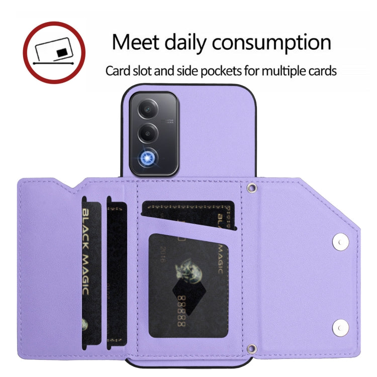 For OPPO A3 Pro Global Skin Feel Four Card Slots Phone Case with Wrist Strap