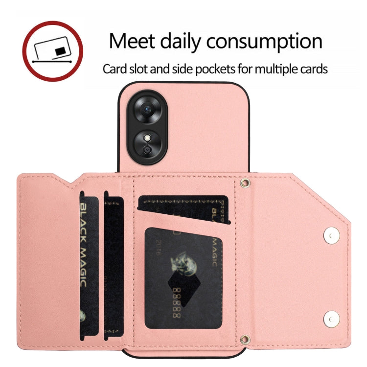 For OPPO A17 Skin Feel Four Card Slots Phone Case with Wrist Strap