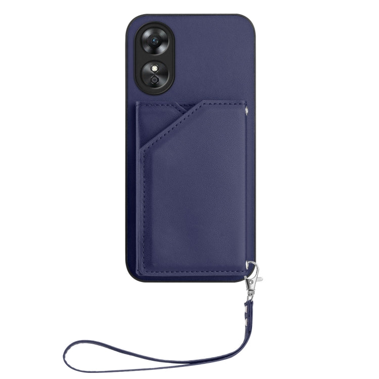 For OPPO A17 Skin Feel Four Card Slots Phone Case with Wrist Strap