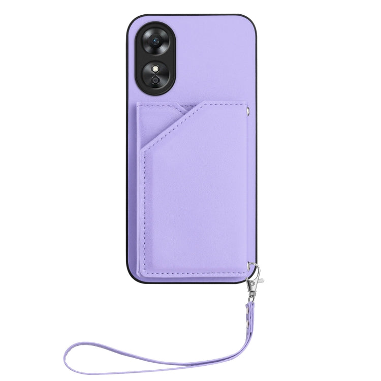 For OPPO A17 Skin Feel Four Card Slots Phone Case with Wrist Strap