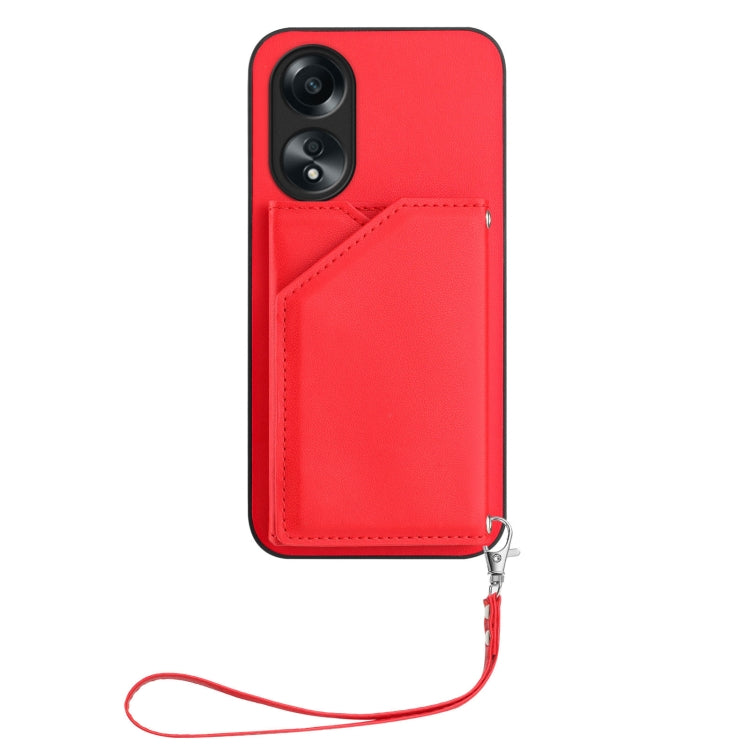 For OPPO A58 4G Global Skin Feel Four Card Slots Phone Case with Wrist Strap