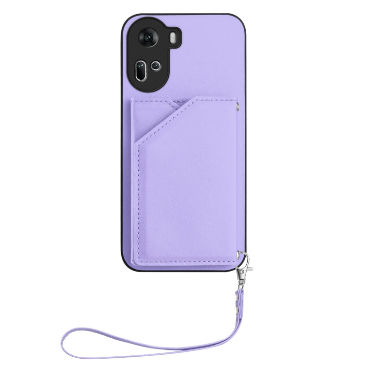 For OPPO Reno11 Global Skin Feel Four Card Slots Phone Case with Wrist Strap