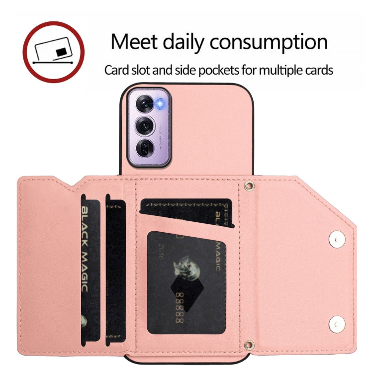 For OPPO Reno12 Pro Global Skin Feel Four Card Slots Phone Case with Wrist Strap