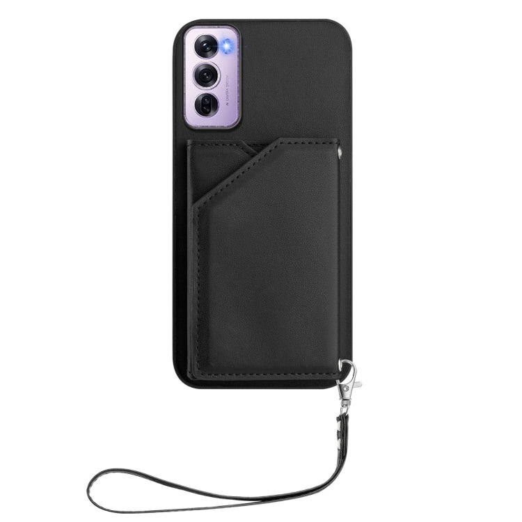 For OPPO Reno12 Pro Global Skin Feel Four Card Slots Phone Case with Wrist Strap