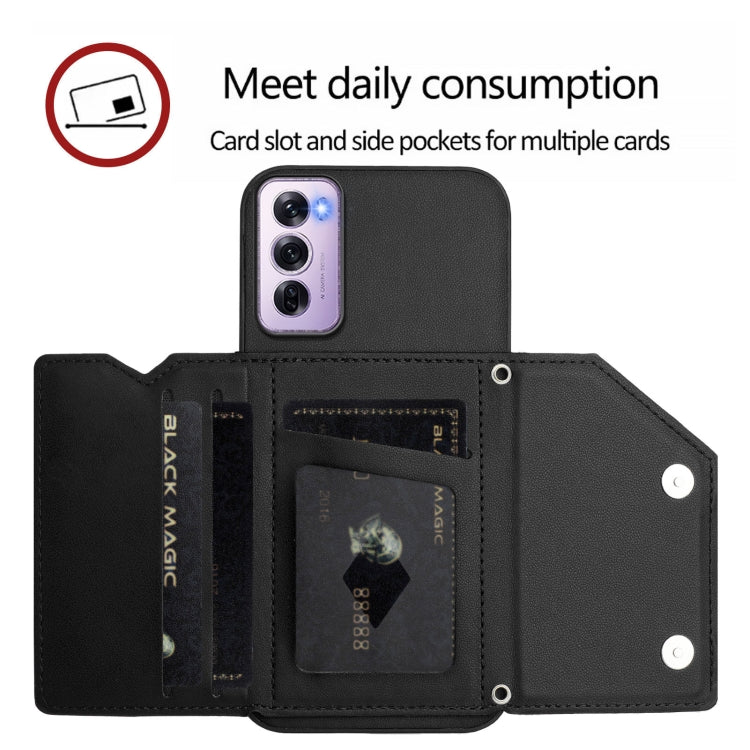 For OPPO Reno12 Pro Global Skin Feel Four Card Slots Phone Case with Wrist Strap