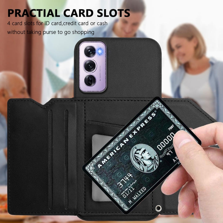 For OPPO Reno12 Pro Global Skin Feel Four Card Slots Phone Case with Wrist Strap