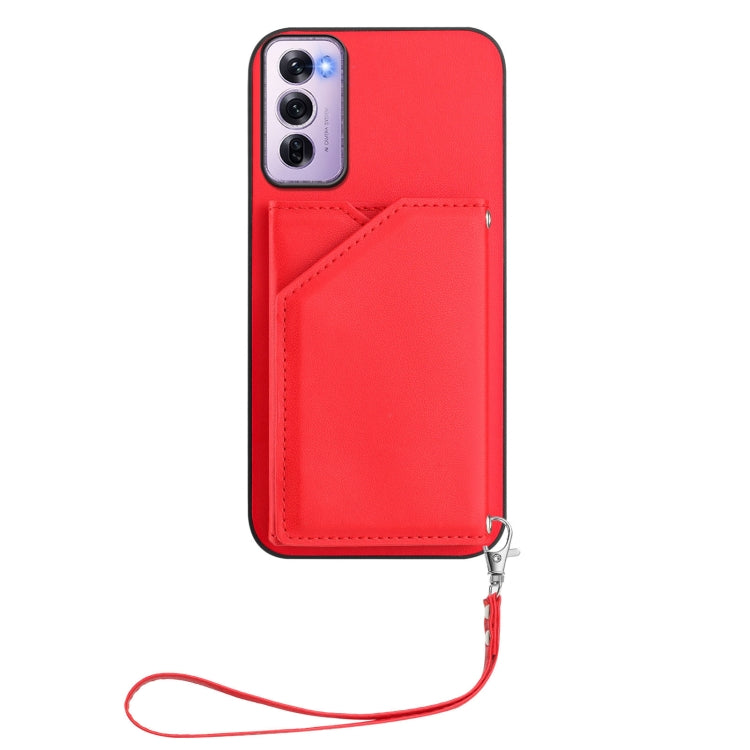For OPPO Reno12 Pro Global Skin Feel Four Card Slots Phone Case with Wrist Strap