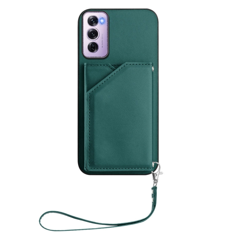 For OPPO Reno12 Pro Global Skin Feel Four Card Slots Phone Case with Wrist Strap