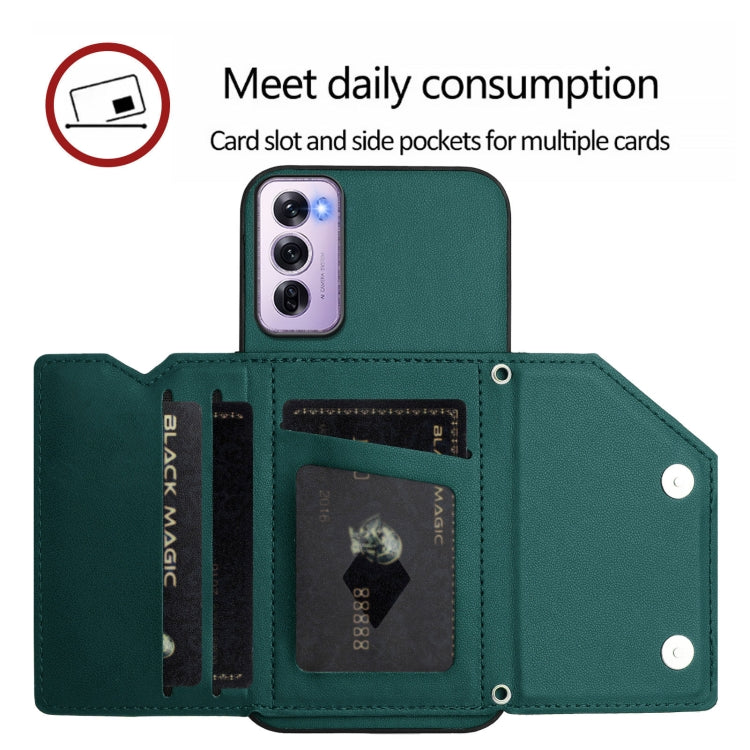 For OPPO Reno12 Pro Global Skin Feel Four Card Slots Phone Case with Wrist Strap