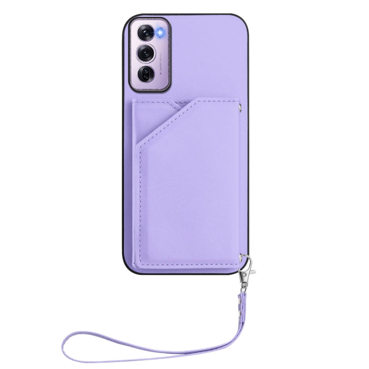 For OPPO Reno12 Pro Global Skin Feel Four Card Slots Phone Case with Wrist Strap