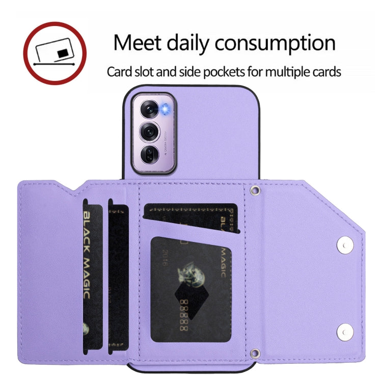 For OPPO Reno12 Pro Global Skin Feel Four Card Slots Phone Case with Wrist Strap
