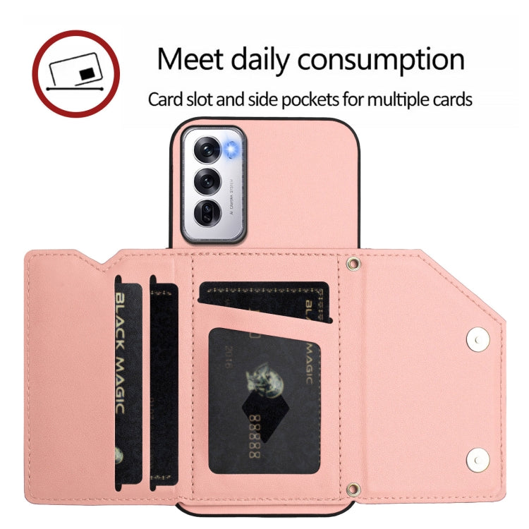 For OPPO Reno12 Global Skin Feel Four Card Slots Phone Case with Wrist Strap