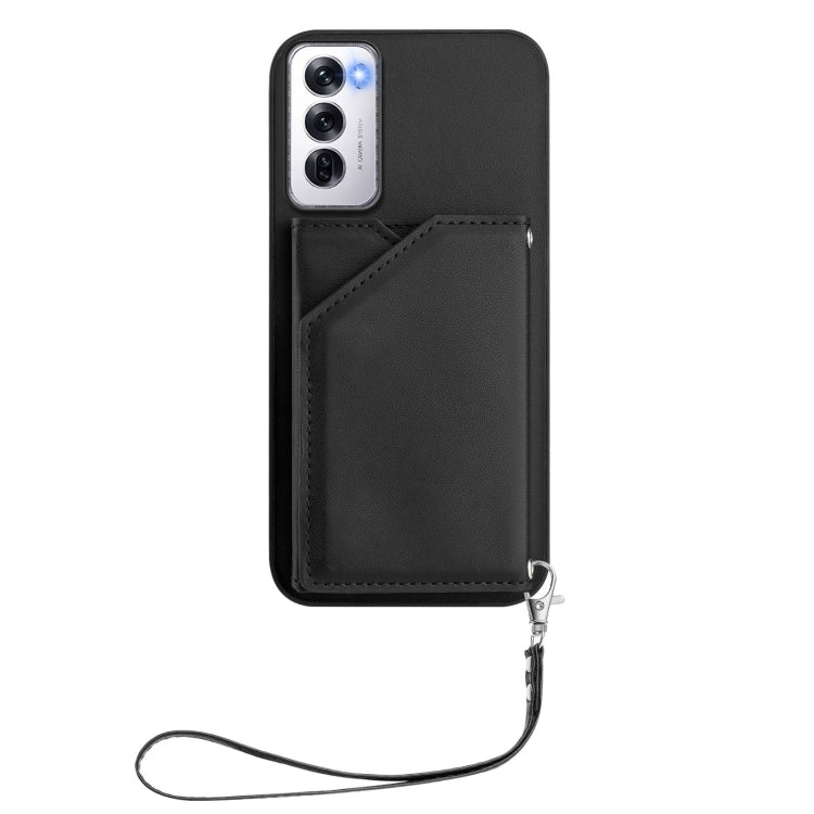For OPPO Reno12 Global Skin Feel Four Card Slots Phone Case with Wrist Strap