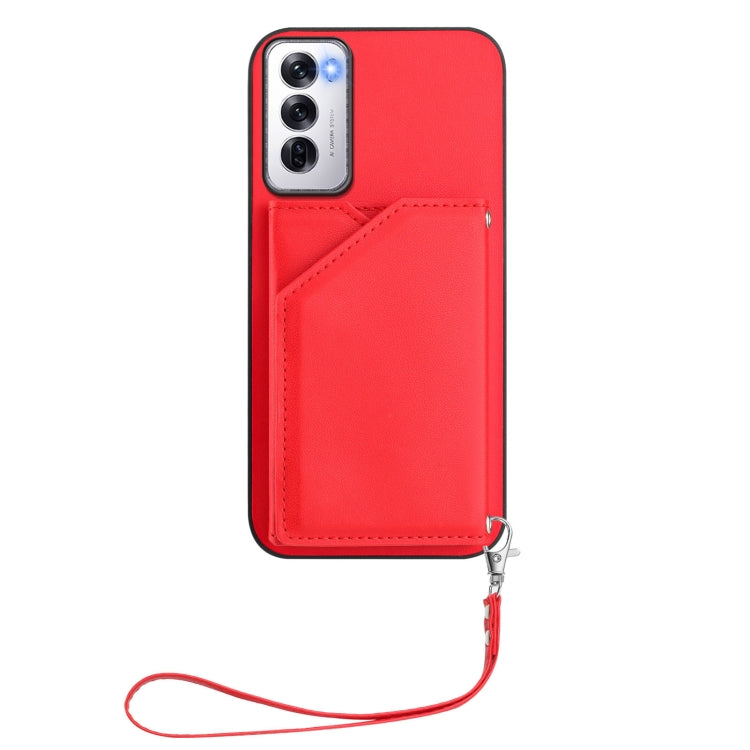 For OPPO Reno12 Global Skin Feel Four Card Slots Phone Case with Wrist Strap
