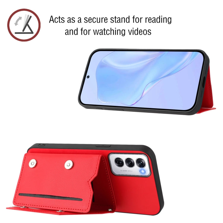 For OPPO Reno12 Global Skin Feel Four Card Slots Phone Case with Wrist Strap