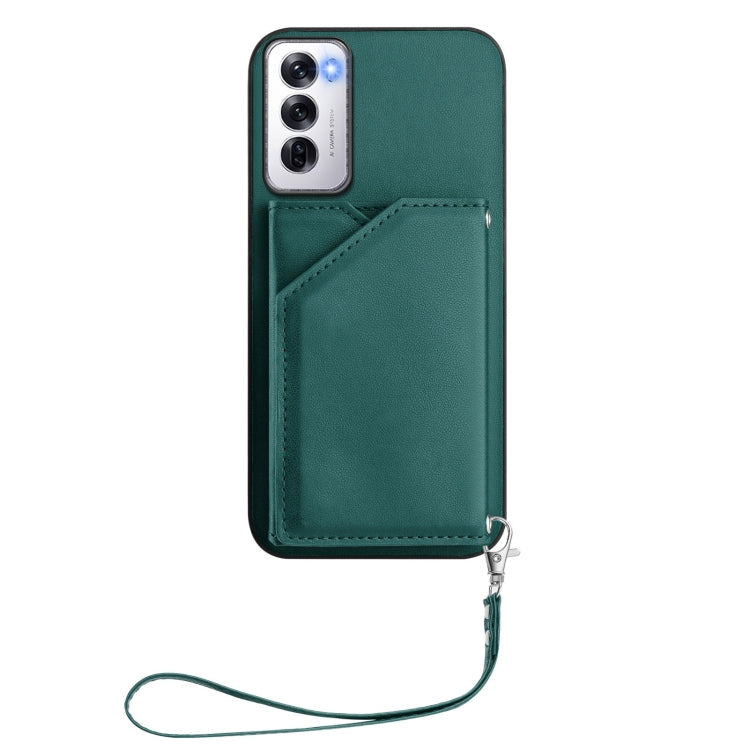 For OPPO Reno12 Global Skin Feel Four Card Slots Phone Case with Wrist Strap