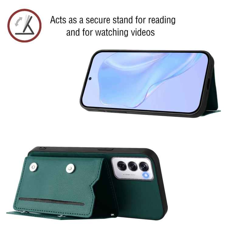 For OPPO Reno12 Global Skin Feel Four Card Slots Phone Case with Wrist Strap