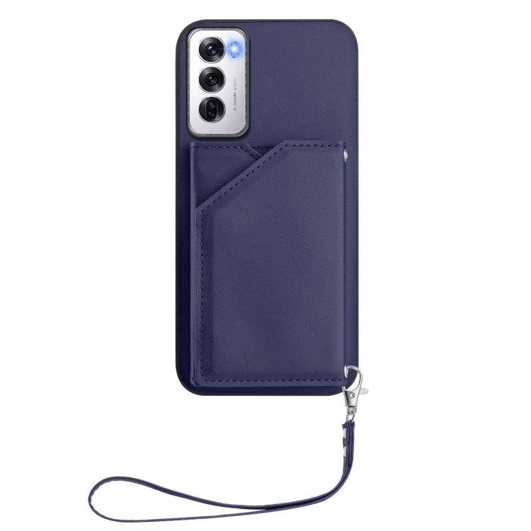 For OPPO Reno12 Global Skin Feel Four Card Slots Phone Case with Wrist Strap