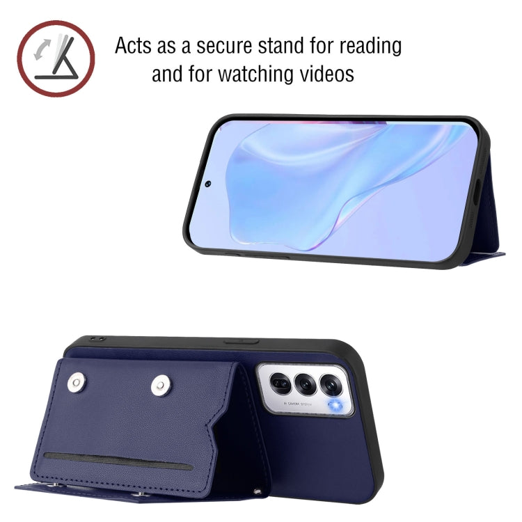 For OPPO Reno12 Global Skin Feel Four Card Slots Phone Case with Wrist Strap
