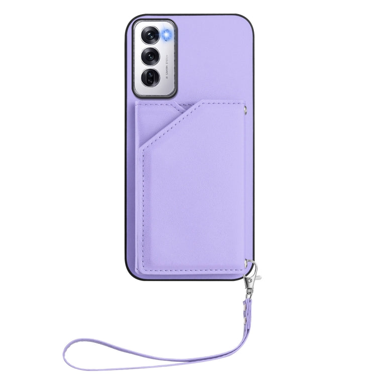 For OPPO Reno12 Global Skin Feel Four Card Slots Phone Case with Wrist Strap