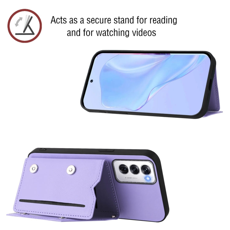 For OPPO Reno12 Global Skin Feel Four Card Slots Phone Case with Wrist Strap