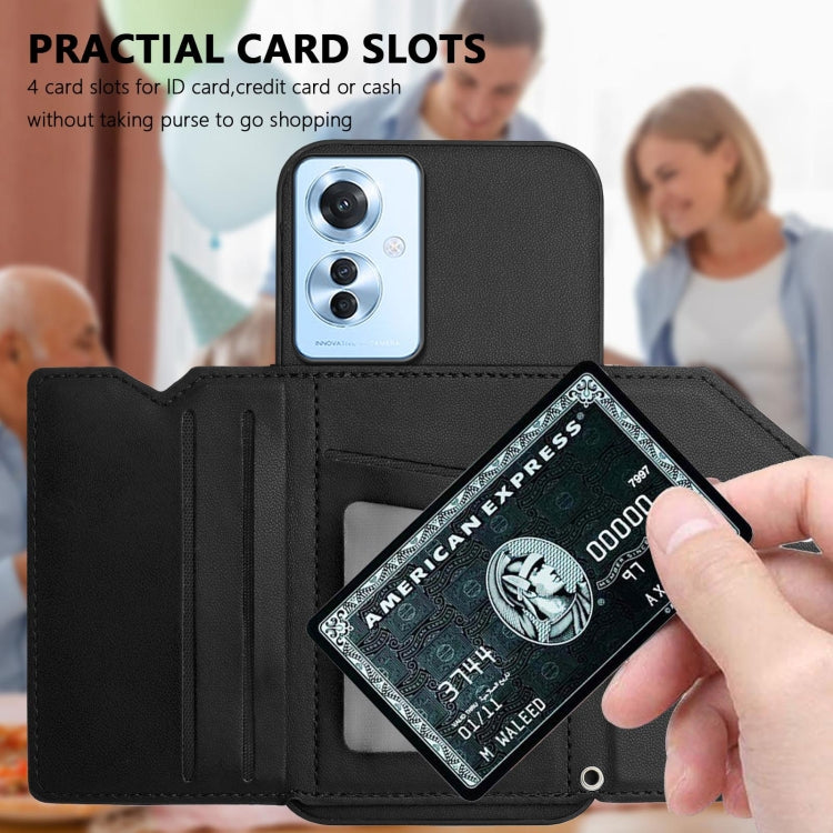 For OPPO Reno11 F / F25 Pro Skin Feel Four Card Slots Phone Case with Wrist Strap