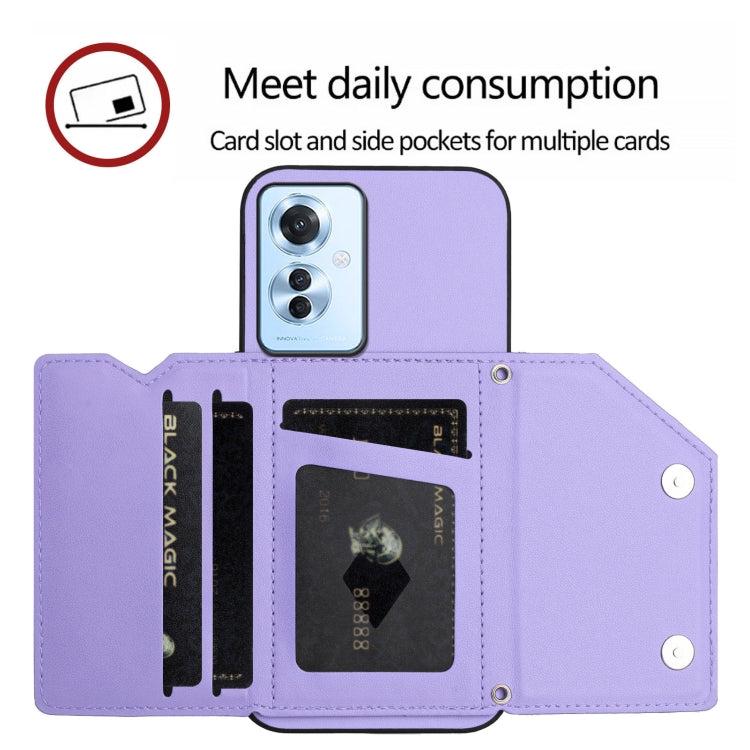 For OPPO Reno11 F / F25 Pro Skin Feel Four Card Slots Phone Case with Wrist Strap