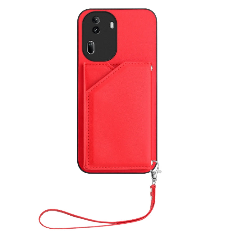 For OPPO Reno11 Pro Global Skin Feel Four Card Slots Phone Case with Wrist Strap