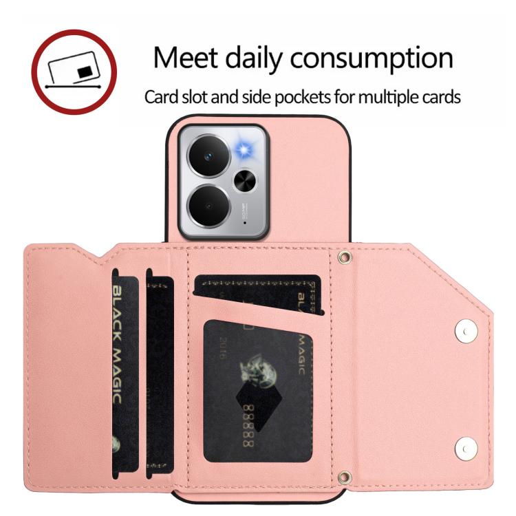 For Realme 14 Skin Feel Four Card Slots Phone Case with Wrist Strap