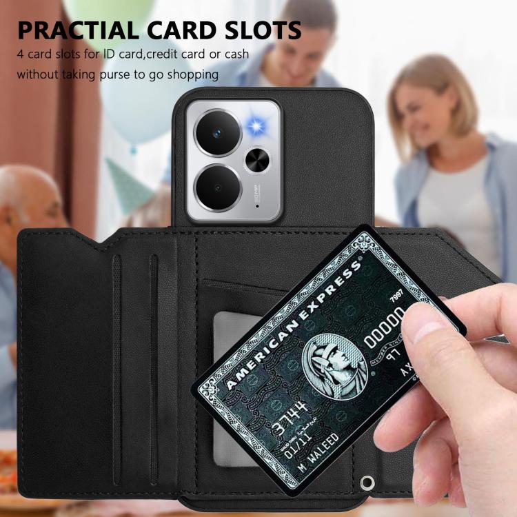 For Realme 14 Skin Feel Four Card Slots Phone Case with Wrist Strap